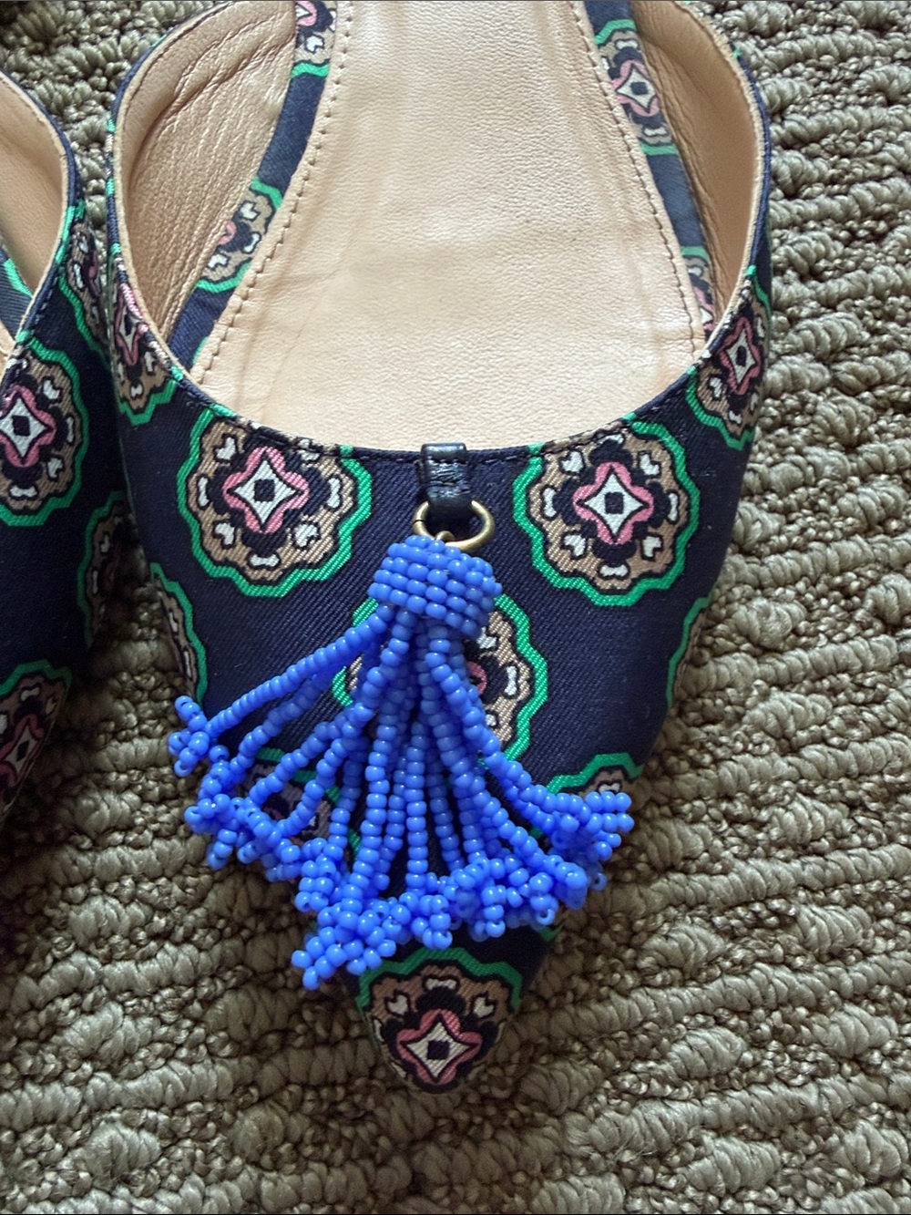 J. Crew - Women’s Navy Patterned Slingback Flats with Blue Tassel - Picture 3 of 6